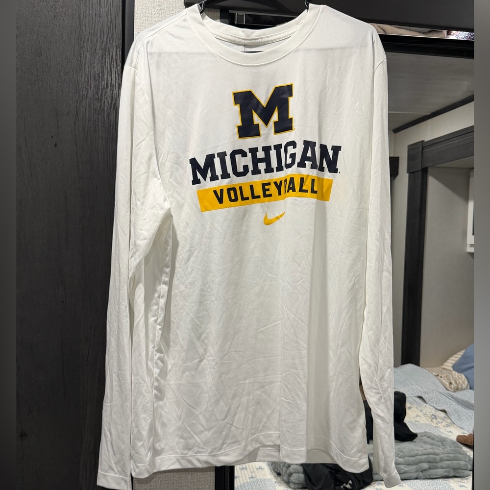Nike White Michigan Volleyball Long Sleeve Shirt with Navy & Yellow Logo